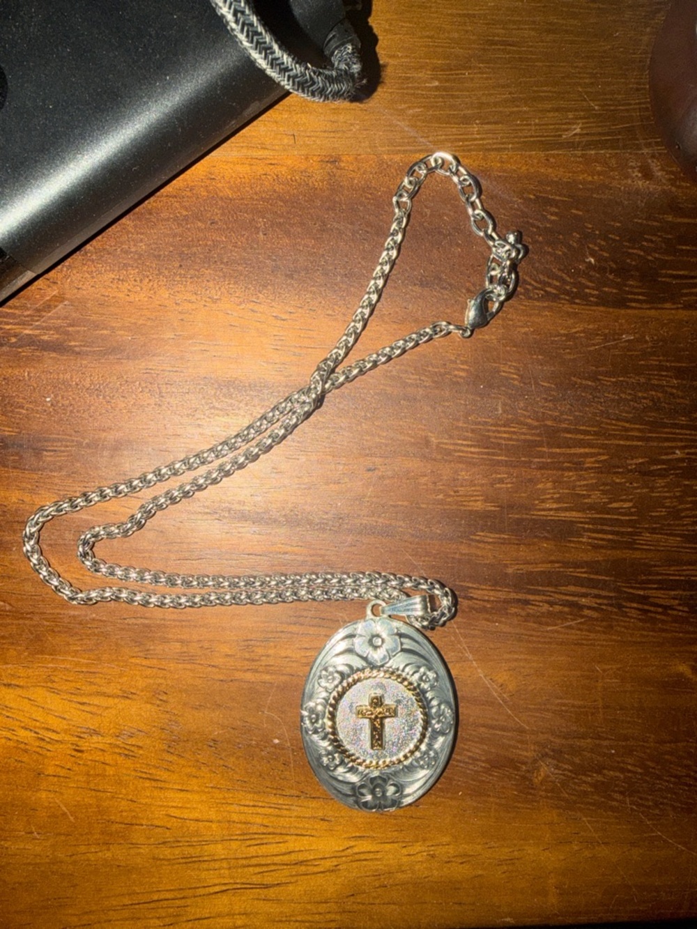 Oval Cross Pendant Necklace in Silver and Gold Tones